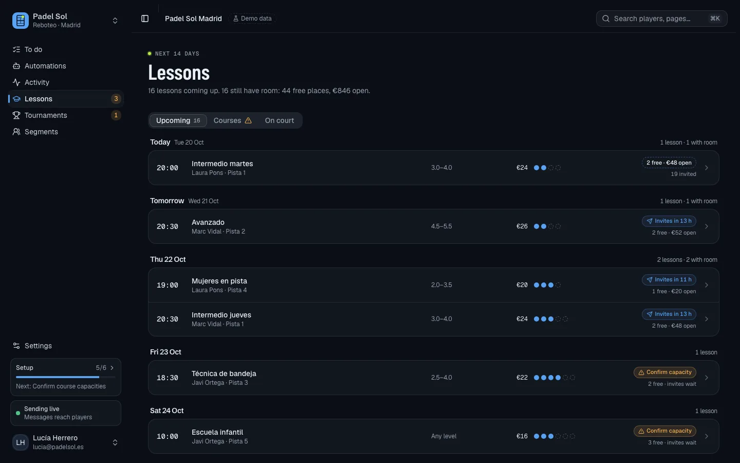 Upcoming lessons with their free spots and the places filled by invites