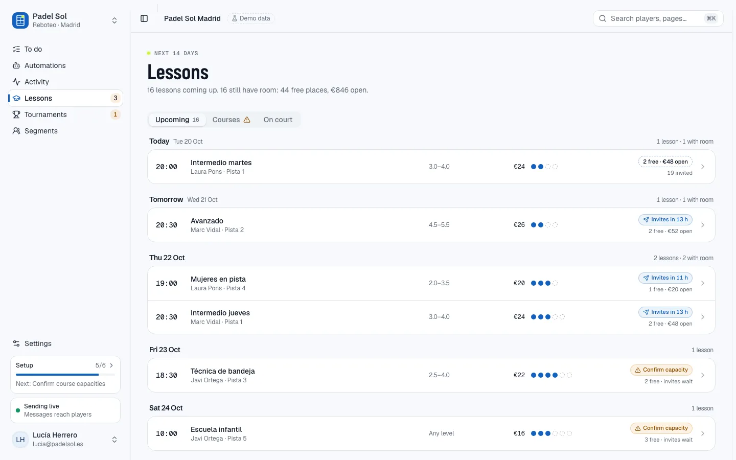 Upcoming lessons with their free spots and the places filled by invites